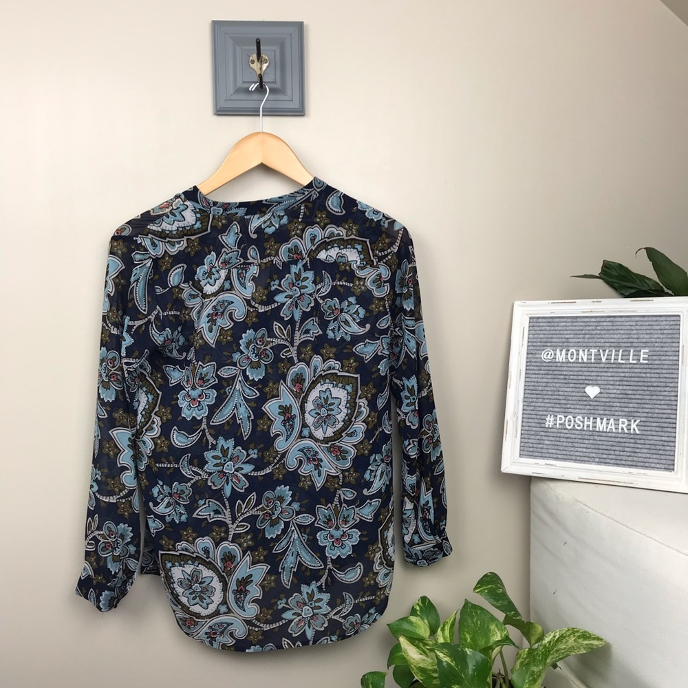 LOFT Petites Blue Sheer Paisley XS Popover Blouse - Picture 4 of 5